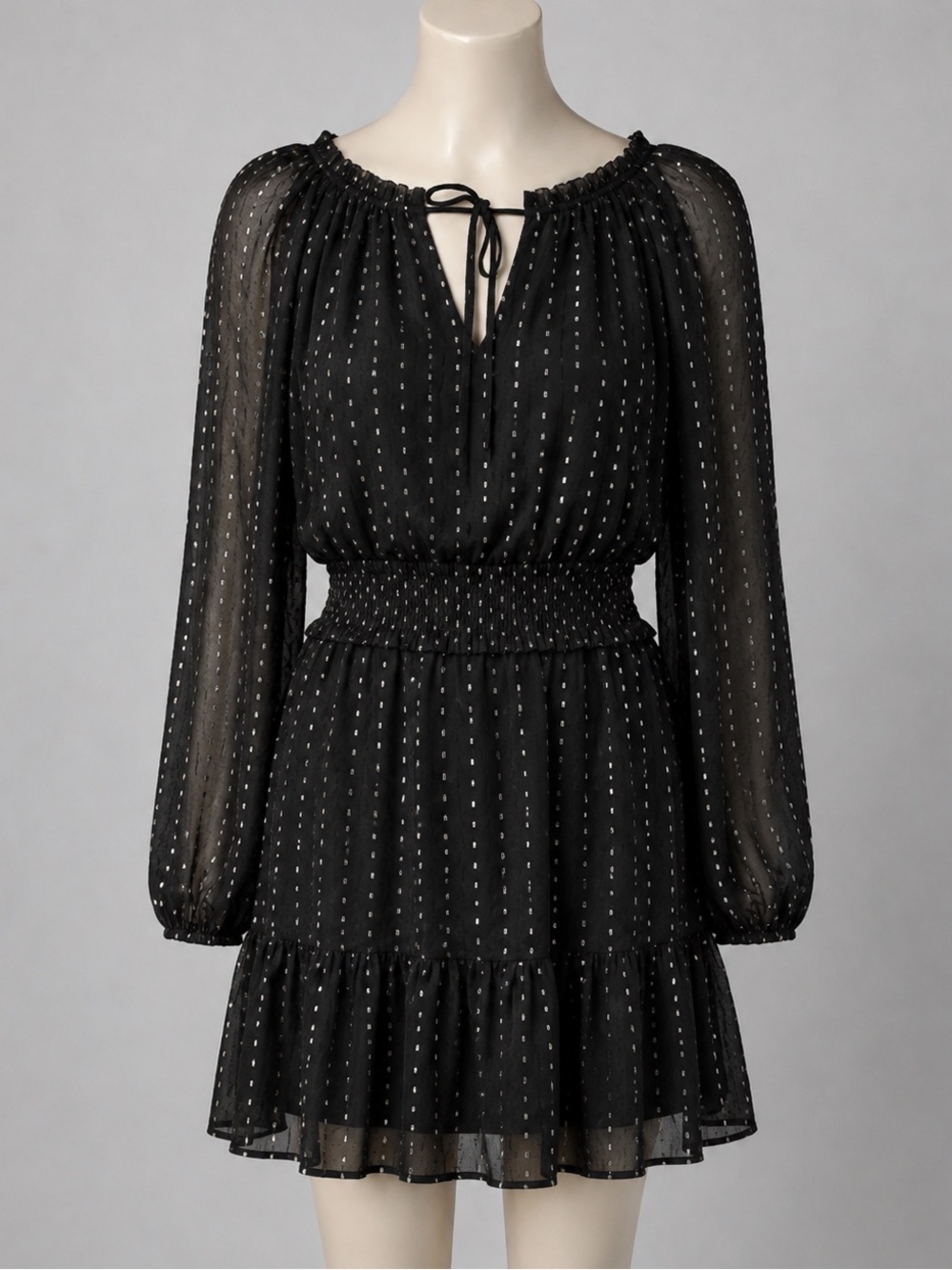 Chic Black Metallic Silver Sheer Long Sleeve Dress